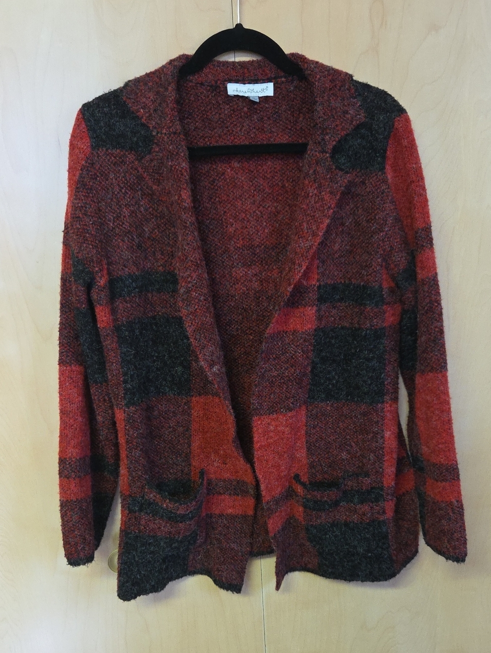 KEREN hart Red & Black Plaid Open Front Cardigan
